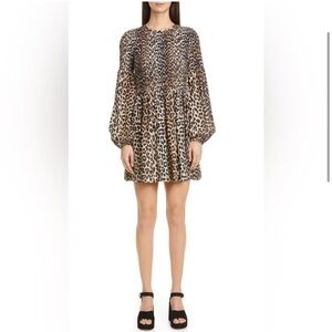 GANNI Leopard Cheetah Long Sleeve Smocked Mini Dress Babydoll pockets size S
